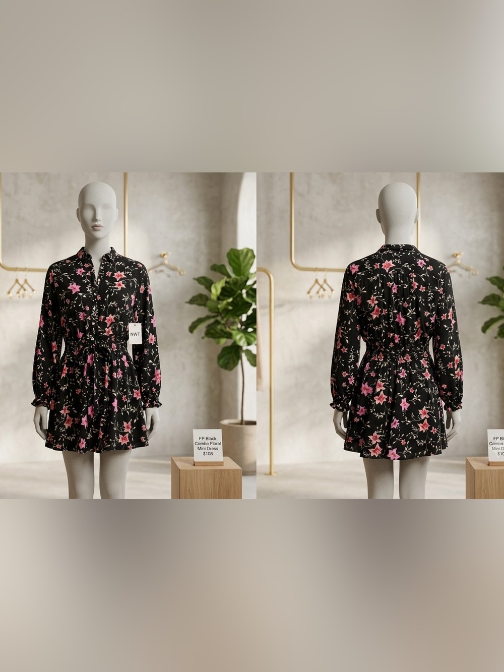 NWT Free People Black Combo Pink Floral Long Sleeve Mini Dress Medium